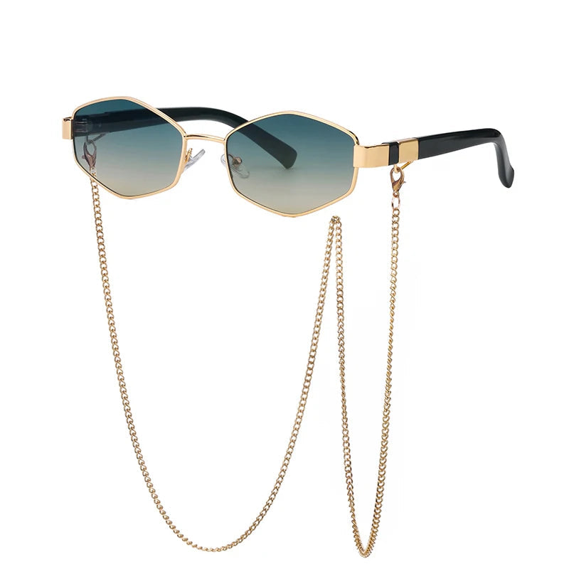 Small Frame Hexagon Sunglasses With Chain