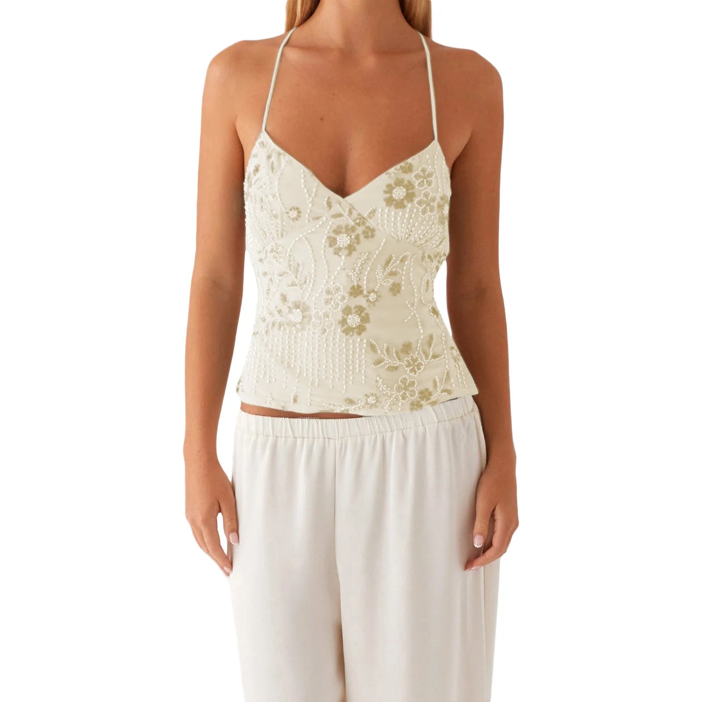 Tops Pearl Embellished Summer Glitter V Neck