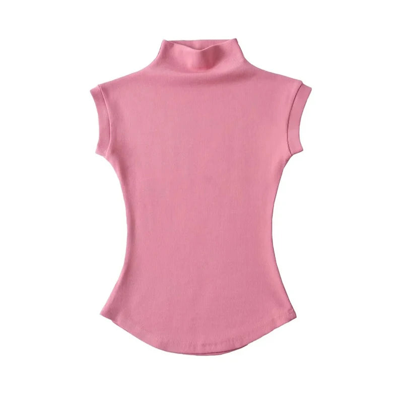 Summer Turtleneck Sleeveless Tops Solid Slim
