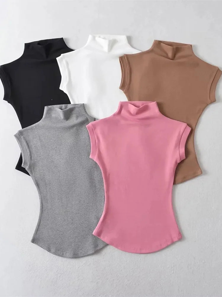 Summer Turtleneck Sleeveless Tops Solid Slim