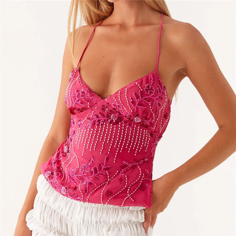 Tops Pearl Embellished Summer Glitter V Neck