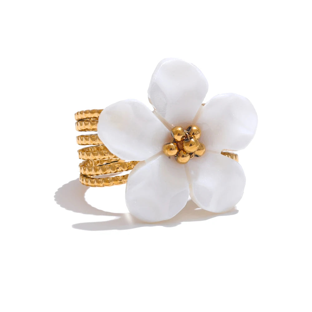 Natural Shell Flower Open Ring Stainless Steel