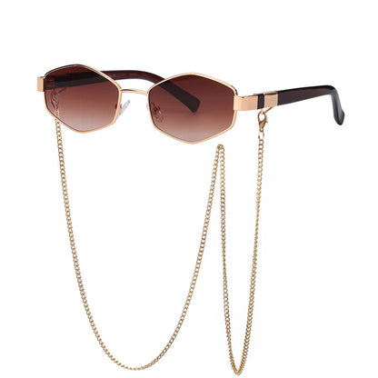 Small Frame Hexagon Sunglasses With Chain