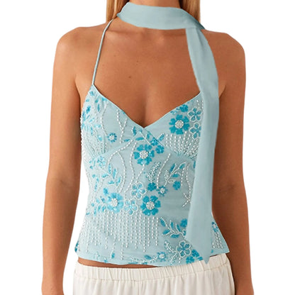 Tops Pearl Embellished Summer Glitter V Neck