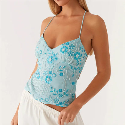 Tops Pearl Embellished Summer Glitter V Neck