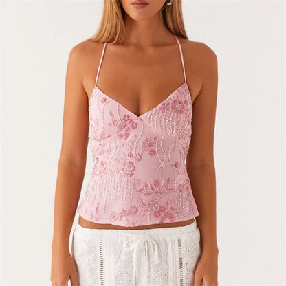 Tops Pearl Embellished Summer Glitter V Neck