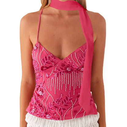 Tops Pearl Embellished Summer Glitter V Neck