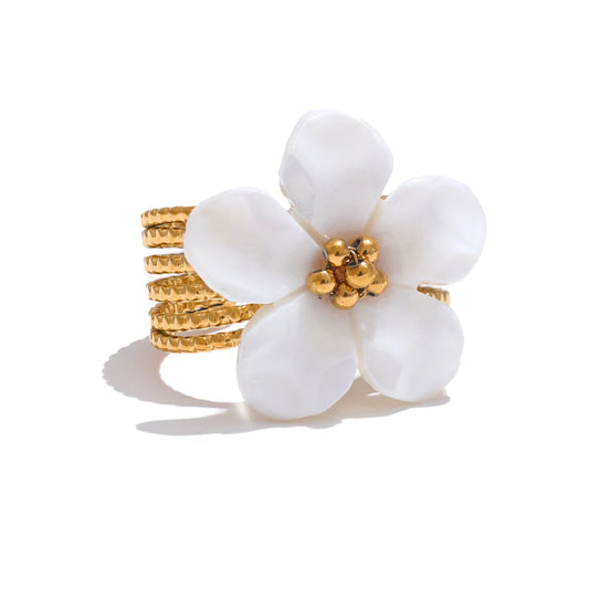 Natural Shell Flower Open Ring Stainless Steel