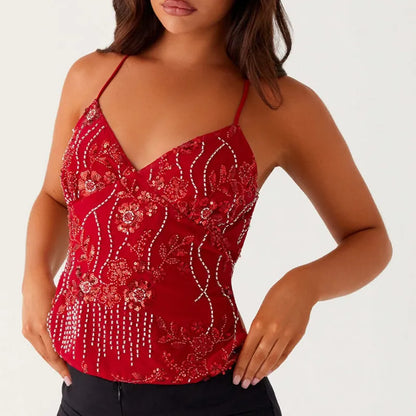 Tops Pearl Embellished Summer Glitter V Neck
