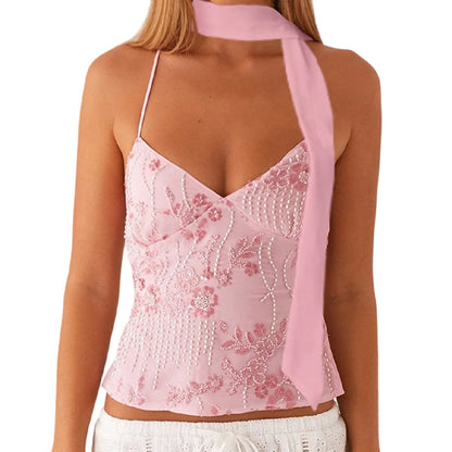 Tops Pearl Embellished Summer Glitter V Neck