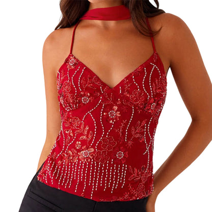 Tops Pearl Embellished Summer Glitter V Neck