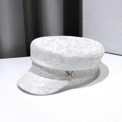 Monochrome Newsboy Cap with Floral Lace