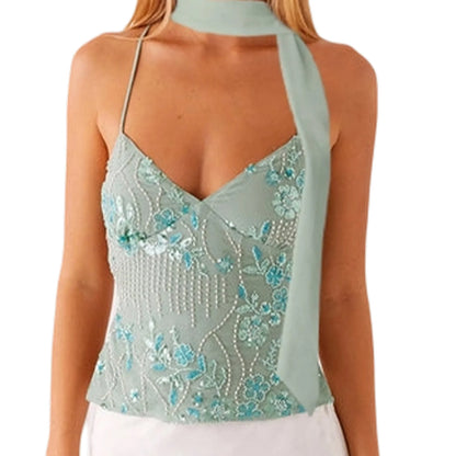 Tops Pearl Embellished Summer Glitter V Neck